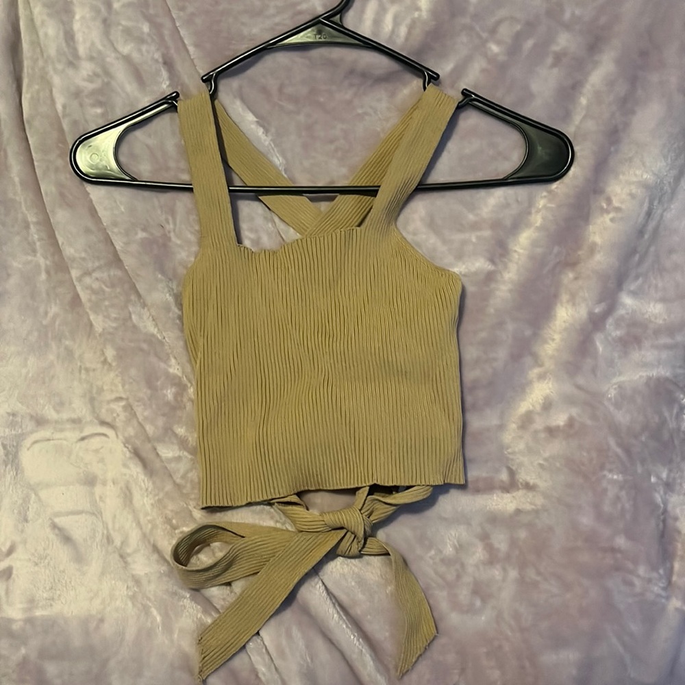 Tan ribbed lace up back cropped tank top